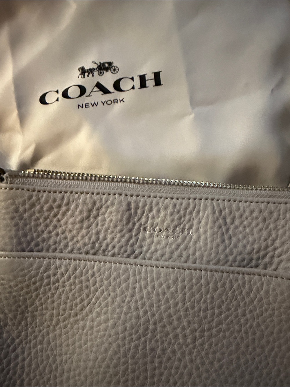 COACH Pebbled Leather Zip Pouch in Light Gray